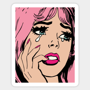 Pink Hair Sad Crying Girl Vintage Comic 50s Sticker